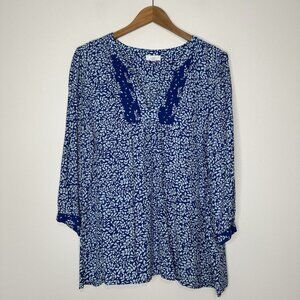 J Jill Floral Tunic Top Size L Tall Blue V-Neck Classic